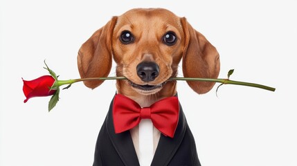 A dapper dog in a tuxedo holds a rose, exuding charm and playfulness, perfect for a romantic occasion.