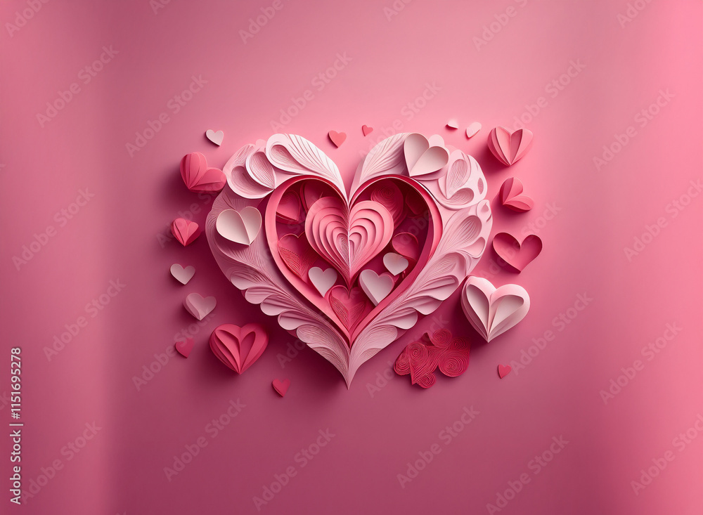 Poster intricate paper hearts layered in varying shades of pink create a romantic, three-dimensional design