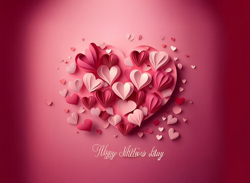 A large heart, crafted from numerous smaller layered paper hearts in shades of pink, rests on a pink background.  Smaller hearts scatter around it.  A romantic, Valentine's Day-themed image.