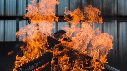 Obraz premium A captivating display of vibrant orange flames consuming dark logs, creating a fiery atmosphere against a backdrop of corrugated metal.