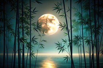 {Elegant Bamboo and Moonlit Night}: A minimalist design with silhouettes of bamboo under a glowing full moon.