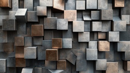Abstract Metallic Cube Composition: A 3D Render of Interlocking Cubes in Bronze and Gray Tones