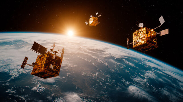 Group of cubesats, small satellites, on Earth orbit