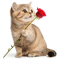 A cute cat delicately holds a red rose, showcasing a charming and playful interaction between nature and pets.