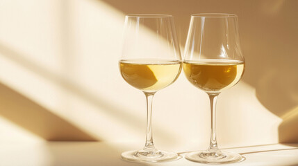 Two elegant wine glasses casting shadows on a sunlit surface