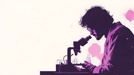 A scientist is looking through a microscope in a laboratory. This flat vector illustration has a white background, a simple design