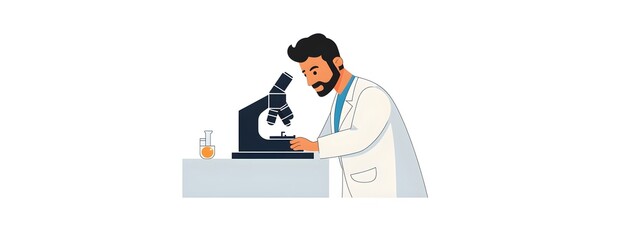 A scientist is looking through a microscope in a laboratory. This flat vector illustration has a white background, a simple design