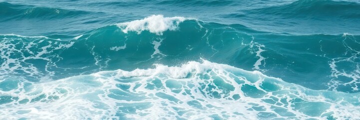 Obraz premium Deep blue ocean waves crashing, white foam crests, spray,horizon,coastal