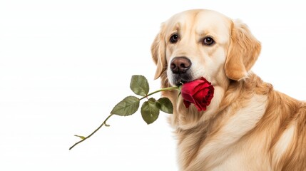 A golden retriever holds a red rose in its mouth, showcasing a charming and affectionate expression against a white background.