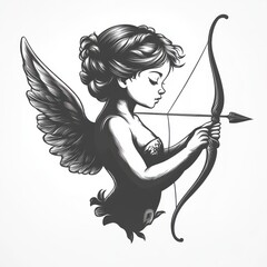 Obraz premium Monochrome Cupid illustration, angel with bow and arrow.