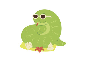 Cute green snake animal kawaii character in summer, symbol 2025 year. Wild reptile with tongue, serpent. Cartoon hand drawn style for children. Vector illustration