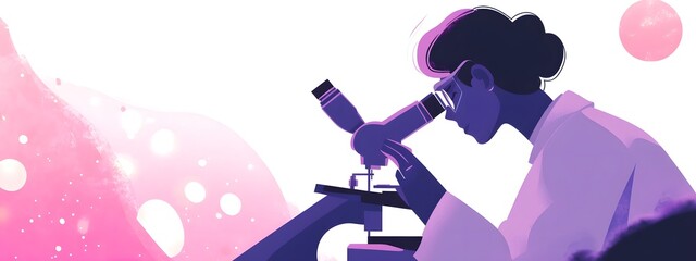 A scientist is looking through a microscope in a laboratory. This flat vector illustration has a white background, a simple design