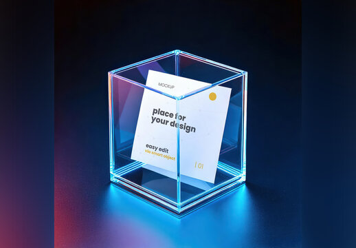 Square Paper inside Glass Futuristic Box Mockup