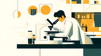 A scientist is looking through a microscope in a laboratory. This flat vector illustration has a white background, a simple design