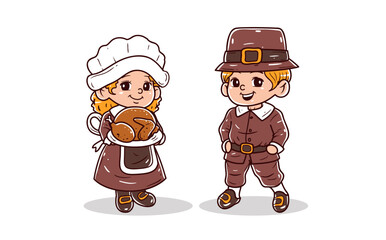 Boy and girl celebrate thanksgiving vector illustration