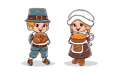 Happy boy and girl celebrate thanksgiving vector illustration