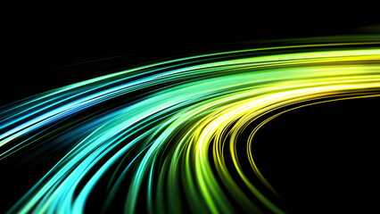 Obraz premium Curved lines of light in shades of green and blue against a dramatic black background, with accents of yellow. The high-speed photography technique captures the shiny, glowing edges and motion blur.