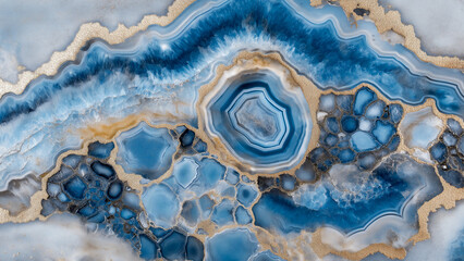 Blue and gold geode pattern with intricate agate designs, captured in high definition. The swirling patterns and unique textures of the stone are enhanced with deep blues and shimmering gold tones.