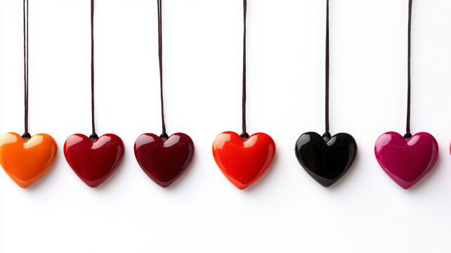 Colorful heart shaped pendants hanging on strings create vibrant display