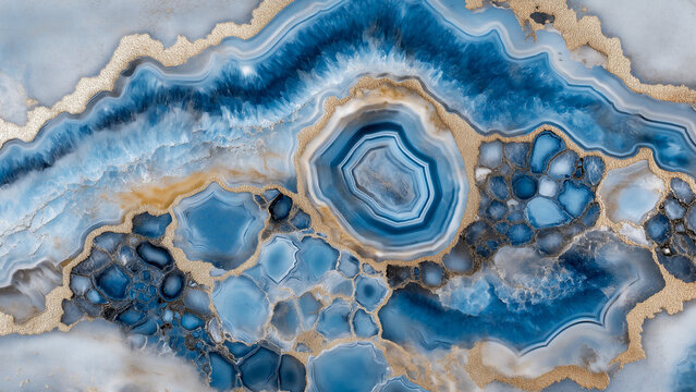 Blue and gold geode pattern with intricate agate designs, captured in high definition. The swirling patterns and unique textures of the stone are enhanced with deep blues and shimmering gold tones.