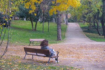 Woman sitting on a bench looking at her mobile phone in Retiro Park, Madrid, Spain