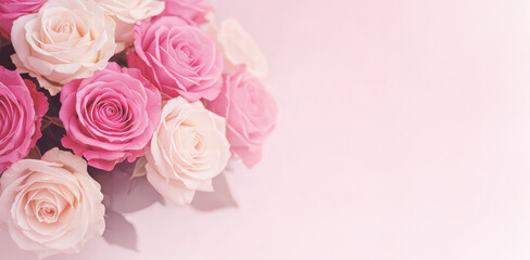 Pastel background with a bouquet of pink and white roses on one side