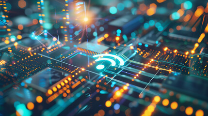 Glowing Wi-Fi Symbol on Digital Device with Network Cables, Symbolizing Internet Connectivity