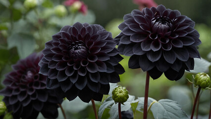Beautiful dark dahlias in full bloom showcasing intricate petal layers against a soft green garden backdrop © Louve