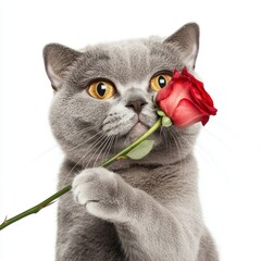 A charming gray cat holding a red rose, exuding a playful and affectionate vibe against a white background.