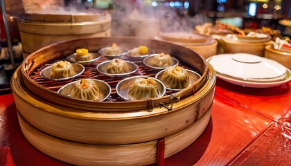 Steaming hot chinese dim sum in bamboo baskets