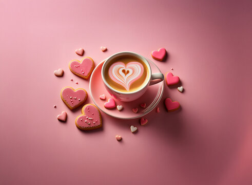 A cup of coffee with heart latte art sits on a pink saucer, surrounded by pink heart-shaped cookies and sprinkles on a pink background.  Perfect for Valentine's Day.