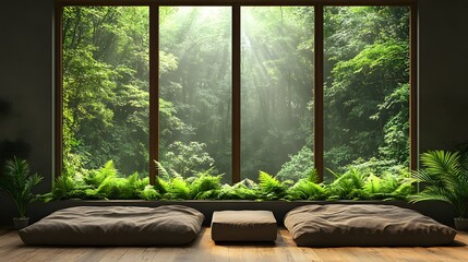 Fototapeta premium Relaxing space featuring a 3D TV with Landscape View, surrounded by lush greenery and a serene atmosphere reminiscent of nature.