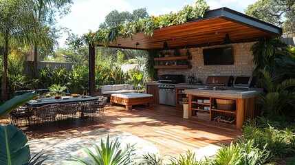 luxurious modern terrace in the garden with barbecue and TV