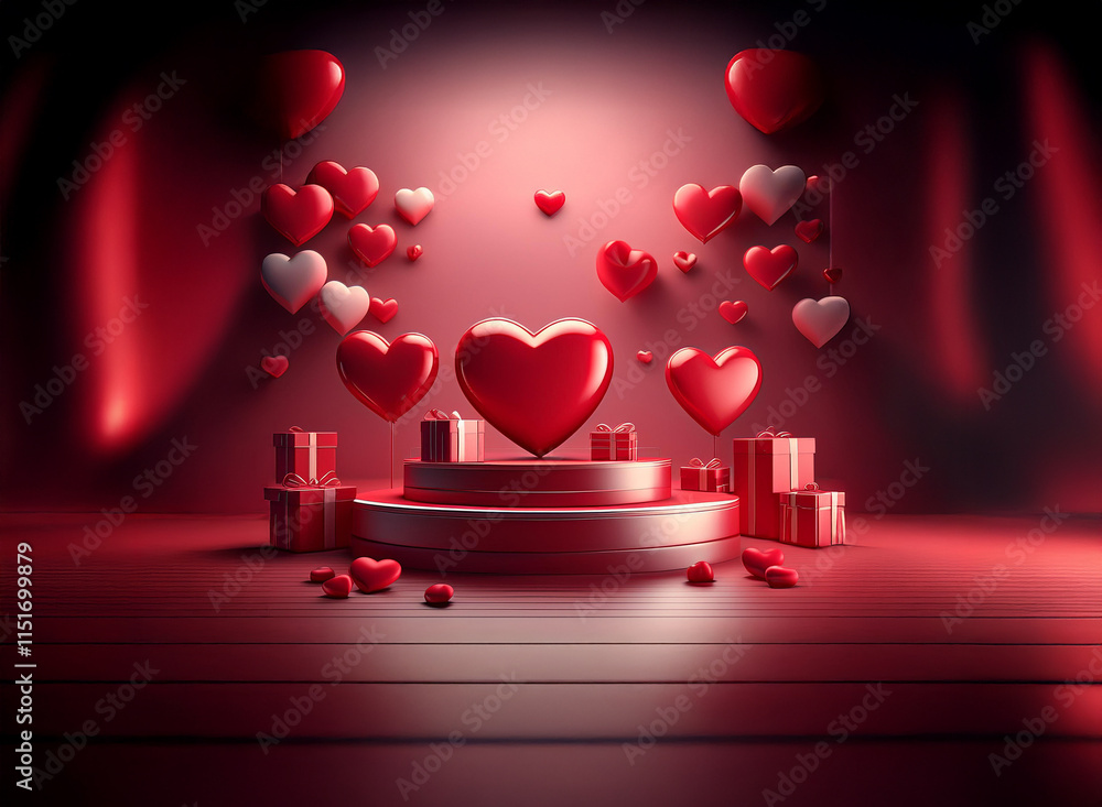 Poster romantic 3d rendering of floating hearts and gifts on a circular podium. red and white hearts create
