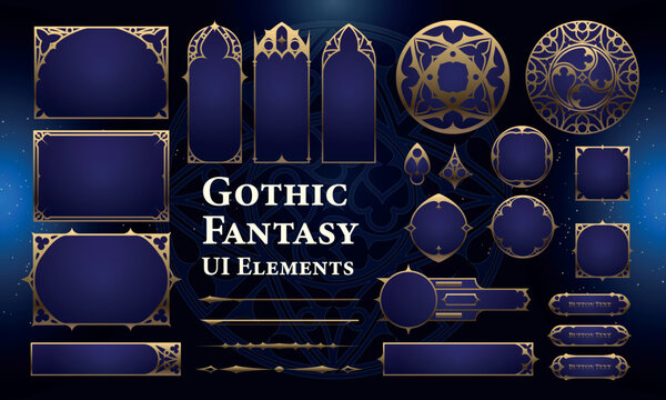 Set of Gothic Fantasy Elements for user interface, poster, video. Fantasy magic HUD. Template for rpg game interface. Vector Illustration EPS10