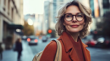 Fototapeta premium A woman wearing glasses smiles while walking in the city.