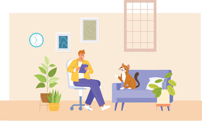 Fototapeta premium An illustration of a relaxing moment with pets at home, showing a person comfortably lounging on a couch or chair, enjoying the company of a pet like a dog or cat in a cozy, peaceful living room setti