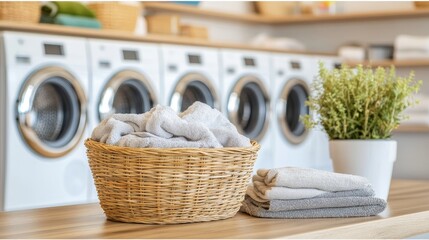 Fototapeta premium Interior of an Industrial Laundromat with Stacked Coin Washers and Laundry Basket: Clean, Functional, and Organized Commercial Space for Modern Laundry Services