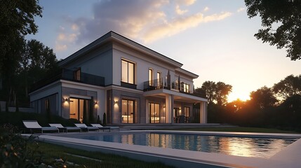 Elegant house with a swimming pool in a modern architectural style