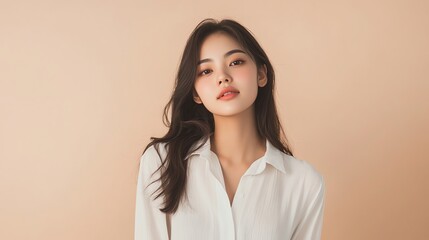 Fototapeta premium A woman with long dark hair and flawless skin looks directly at the camera.