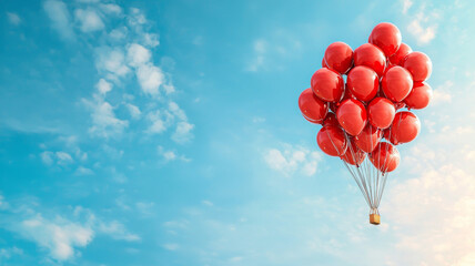 Red balloons floating in bright blue sky create joyful scene