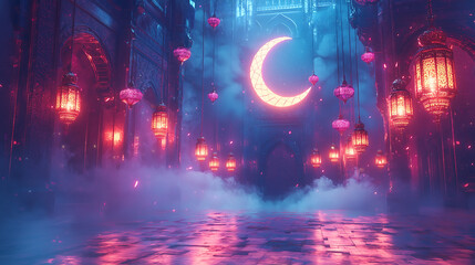 Fototapeta premium Vibrant Ramadan Scene with Glowing Lanterns and Illuminated Crescent Moon