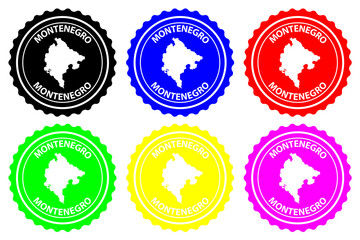 Montenegro - rubber stamp - vector, Montenegro map pattern - sticker - black, blue, green, yellow, purple and red