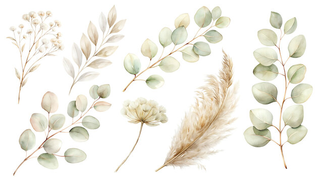 Watercolor illustration set eucalyptus, pampas grass, dry flowers. Isolated on transparent background. Perfect for card, postcard, tags, invitation, printing, wrapping.