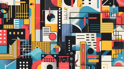 Fototapeta premium A vibrant and modern abstract composition featuring geometric shapes, colorful patterns, and architectural elements, representing contemporary business dynamics, creativity