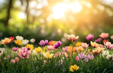 Beautiful spring meadow with grass and blooming flowers on a sunny day, a butterfly sitting on flower,  Soft-focus background. Spring landscape. Beautiful nature scene. 