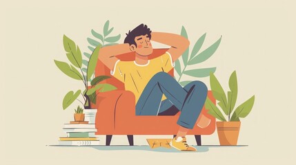 A cozy and relaxing illustration of a man lounging on an armchair surrounded by lush green plants and books, symbolizing self-care, relaxation, and a peaceful home environment.