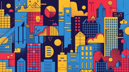 A vibrant modern illustration of an abstract cityscape featuring bold geometric shapes, bright primary colors, and a dynamic composition, symbolizing urban energy, growth, and innovation.
