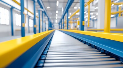 A modern warehouse interior featuring a conveyor belt, highlighted by vibrant blue and yellow colors, showcasing efficient logistics and industrial design.