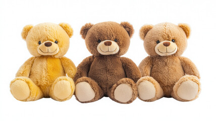 Obraz premium Soft teddy bears in yellow, brown, and beige colors on white background